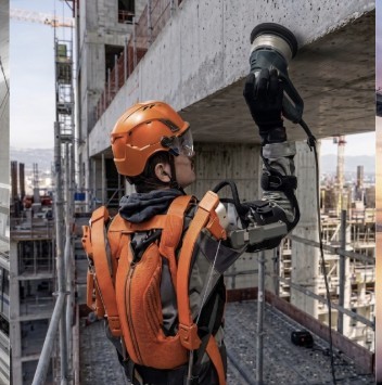 Ouvrier équipé d'un exosquelette sur chantier